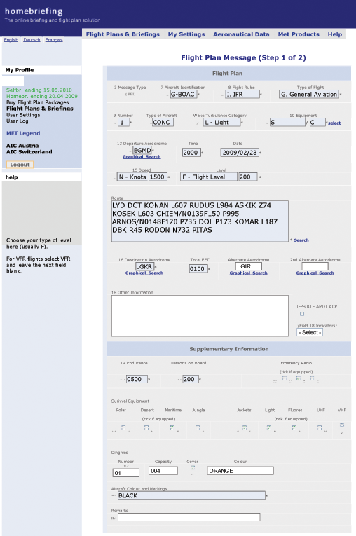 Online Flight Plan Filing